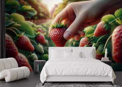 A close-up of a hand selecting a juicy strawberry from a vibrant field captures the essence of nature's bounty. Wall mural