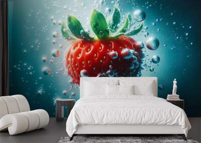 A fresh strawberry surrounded by effervescent bubbles contrasts beautifully against a blue background, symbolizing purity and freshness. Wall mural