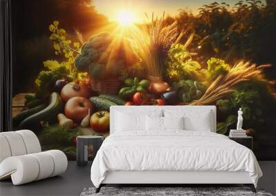 A serene display of nature's bounty in the light of the golden hour, encouraging mindful and healthy eating. Wall mural