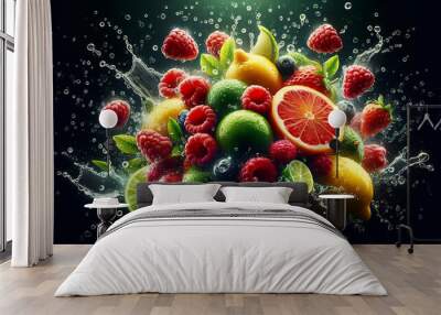 A vibrant spray of water enveloping fresh fruit such as raspberries, lemons and limes. Wall mural