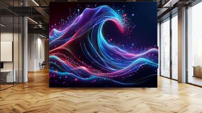 An abstract digital wave pattern with vibrant blue and pink lights against a dark, futuristic background. Wall mural