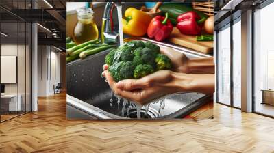 Close-up of hands rinsing vegetables under running water, evoking a healthy and clean cooking environment. Wall mural