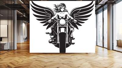 female angel with wings rides a motorcycle,black and white color motorcycle tattoos,motorcycle stickers,eps vector illustration, Wall mural