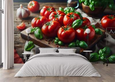 Fresh tomatoes and basil on a rustic wooden board, embodying culinary freshness.
 Wall mural