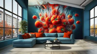 Red tomatoes splashing in water create a vibrant and dynamic visual contrast. Wall mural