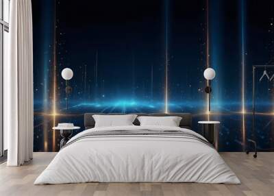 Abstract dark blue and golden digital background with sparkling blue light particles Wall mural