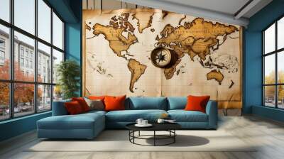 An old wooden map with compass  Wall mural