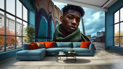 black boy wearing green muffler Wall mural