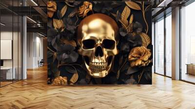 golden skull on dark background of gold and black leaves Wall mural