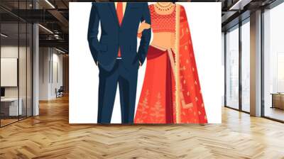 illustration of an Indian wedding bride in a red dress & groom in a suit isolated on transparent background Wall mural