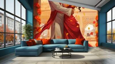 Illustration of Indian loving wedding couple close to each other Wall mural