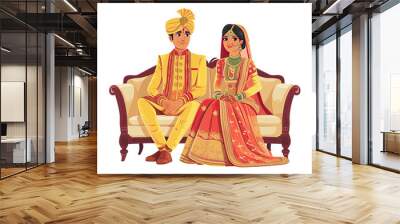 Indian wedding bride & groom sitting on couch isolated on transparent background Wall mural