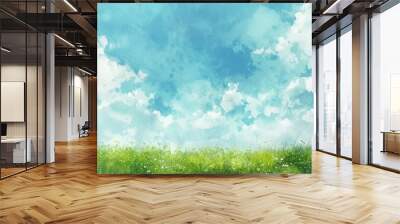 watercolor illustration of a blue sky and green ground landscape, invitation cards and background Wall mural