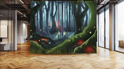 Fantasy Forest Illustration Dark Night Magic Trees Wall mural