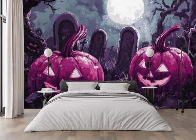 Enchanted Halloween with magenta pumpkins and a white moon in a dark setting. Wall mural