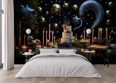 Envision a celestial moonlit garden birthday soir?(C)e with balloons resembling crescent moons and stars, a cake adorned with lunar motifs, and candles that cast a romantic moonlit glow Wall mural