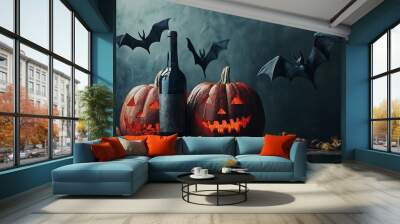 Halloween pumpkins glow beside a wine bottle, under a bat-filled sky. Wall mural