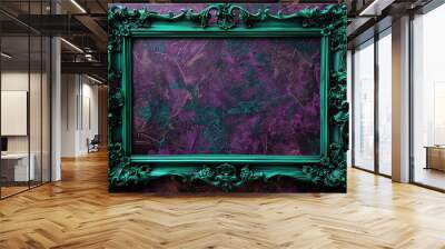 Regal and rich wide setting with a large emerald green frame on purple wallpaper. Wall mural