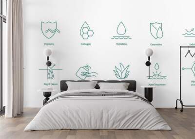 Essential Oil, Peptides, Collagen, Hydration, Ceramides, Exfoliation, Vitamin C, Oil Removal, Face Cleanser, Aloe Vera, Acne Treatment, Alpha Hydroxy Acids.
 Wall mural