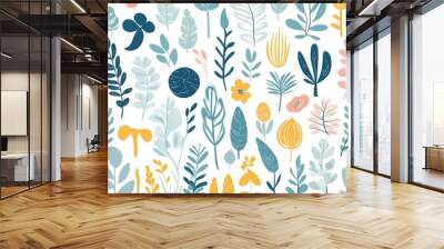 A collection of seamless pattern, colorful abstract plants and flowers. Hand drawn Collection of leaves and flowers. A close up of a pattern of flowers and leaves.
 Wall mural