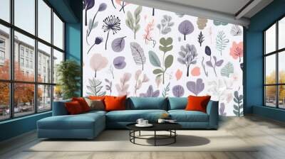 A collection of seamless pattern, colorful abstract plants and flowers. Hand drawn Collection of leaves and flowers. A close up of a pattern of flowers and leaves.
 Wall mural