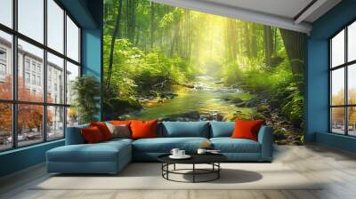 forest in the morning, A image of a tranquil forest stream flowing gently through a green forest, with sunlight filtering through the tree Wall mural