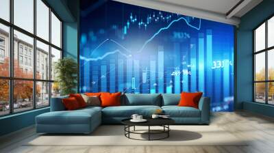 graph, data concept with digital financial chart graphs, perspective view of stock market growth,diagrams, indicators on dark blue blurry background, business investing, background. Png, Ai Generate  Wall mural