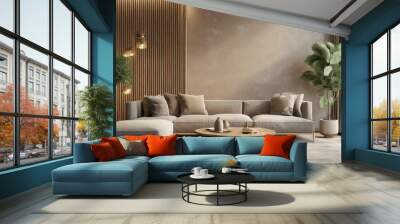 Luxury living room in warm colors. Brown beige walls, light gray lounge furniture -sofa, table. Empty background microcement for art. Rich interior design. Mockup room office reception. 3d, Ai Generat Wall mural