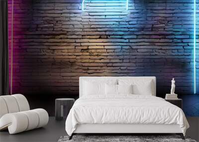 Modern futuristic neon lights on old grunge brick wall room background art, background wallpaper stone, wallpapers, photos, background, landscape, Ai Generate  Wall mural