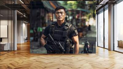 police officer on the street, police officer on duty, an asian security with light blue uniform and black gun Wall mural