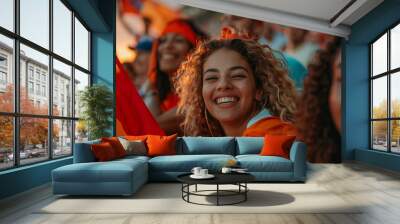 A group of cheering fans at the stadium, dressed in team colors and waving flags, laugh together while watching their favorite sports event. The photo has a commercial style and soft light. Wall mural