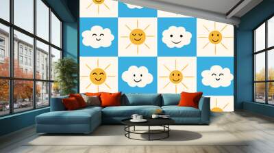 Cartoon yellow sun and baby happy  clouds on white and blue checkerboards seamless pattern. For stationary, kids textile and wrapping paper   Wall mural