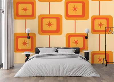 Mid century modern atomic starbursts on abstract square shapes in orange, red and yellow. For wallpaper, home décor and textile  Wall mural