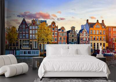 amsterdam netherlands dancing houses over river amstel landmark in old european city spring landscap Wall mural