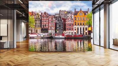 Amsterdam Netherlands dancing houses over river Amstel landmark Wall mural