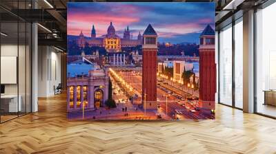 Barcelona, Spain. Nighttime top view at Spanish Square with tower and national palace art museum Catalonia far away. Wall mural