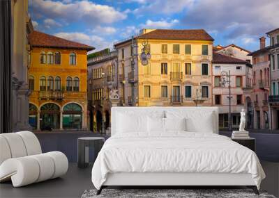 Bassano del grappa Italy. Square freedom. Landscape old town with italian architecture and street lamp. Sunrise at deserted street. Wall mural