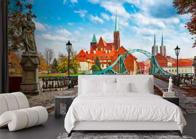 Cathedral Island in Wroclaw Poland green bridge with view Wall mural