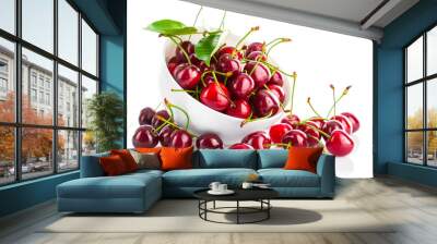 fresh cherry berries with green leaf isolated on white Wall mural