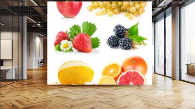 set fresh fruits with green leaves isolated on white background Wall mural