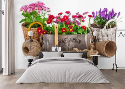 Spring flowers in wooden bucket with garden tools. Isolated on Wall mural