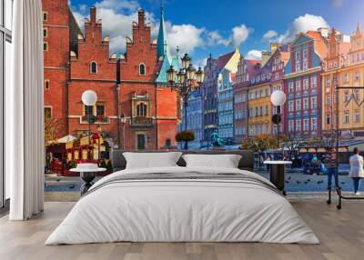 Wroclaw central market square with old colourful houses, street Wall mural