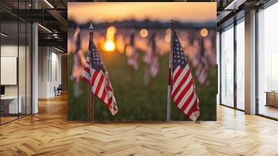 Field of American flags at Sunset. United States flags commemorating fallen heroes Wall mural