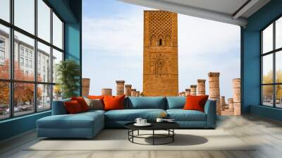 Tour Hassan tower in the square with stone columns. Made of red sandstone, important historical and tourist complex in Rabat, Morocco Wall mural