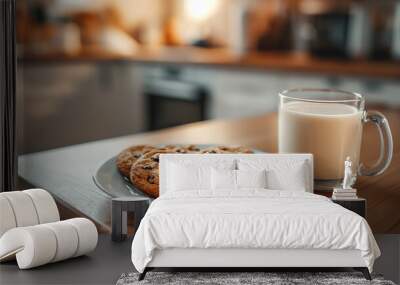 cookies and glass of milk on table in minimalist modern kitchen Wall mural