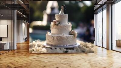 wedding cake decorated by flowers Bride and groom topper standing on festive table in English Garden Cottages Wall mural