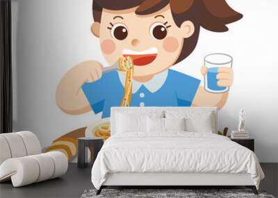  A Little girl happy to eat Spaghetti with Fork on Plate. Wall mural