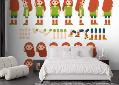 Mascot creation kit of little girl for different poses . Vector constructor with various views, emotions, poses and gestures. Schoolgirl character creation set. Wall mural