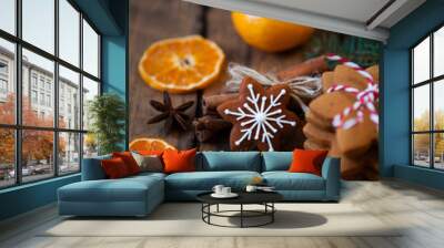 Christmas composition. Xmas cookies, tangerines, cinnamon, festi Wall mural