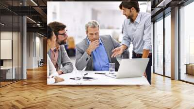 Business people, discussion and meeting in office, diversity and technology in corporate job for project decision. Men, women and communication of idea to manager and teamwork with advice in company Wall mural